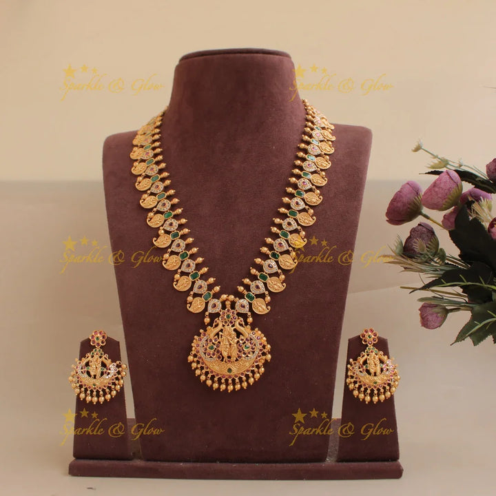 Premium matte Krishna playing flute long necklace with gold beads - Sparkle and Glow