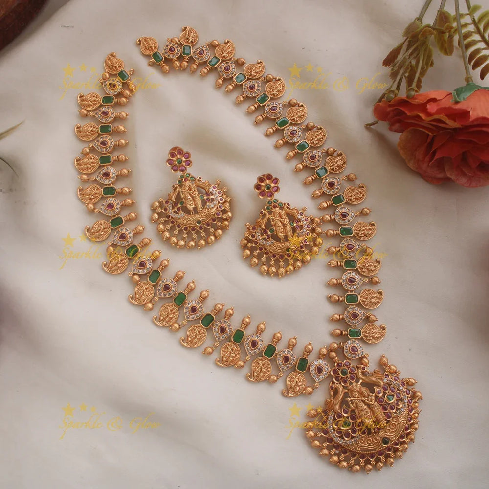 Premium matte Krishna playing flute long necklace with gold beads - Sparkle and Glow