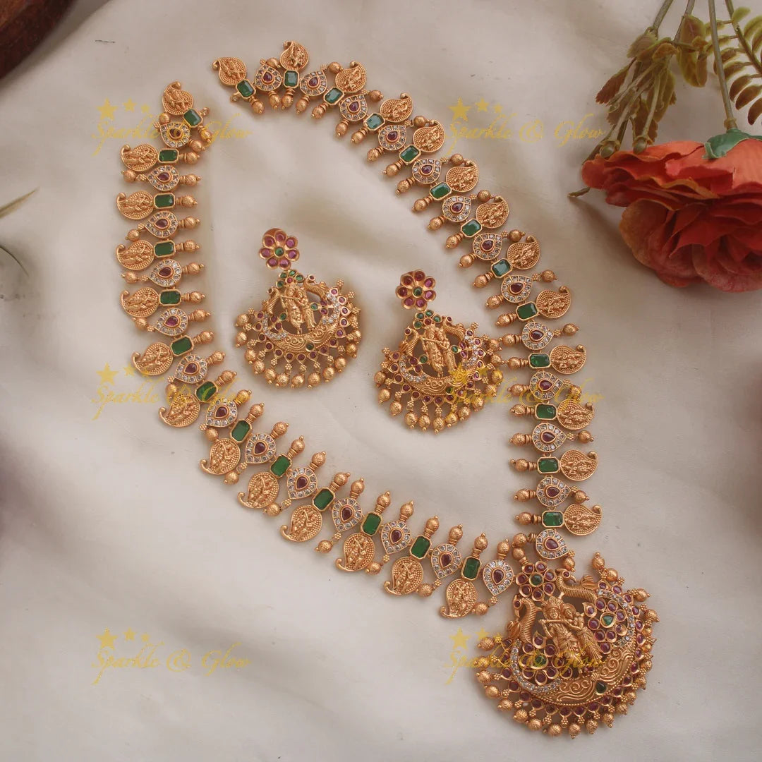 Premium matte Krishna playing flute long necklace with gold beads - Sparkle and Glow