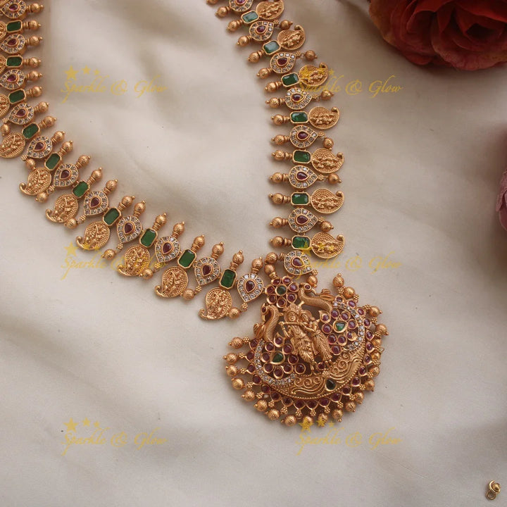 Premium matte Krishna playing flute long necklace with gold beads - Sparkle and Glow