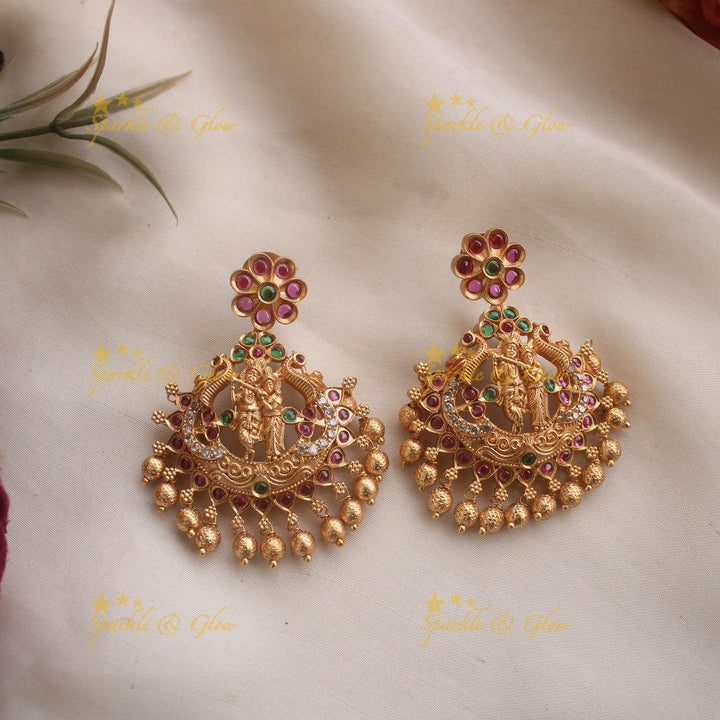 Premium matte Krishna playing flute long necklace with gold beads - Sparkle and Glow