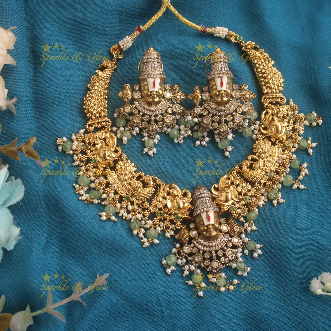 Grand Balaji and peacock carved dual tone Victorian AD short necklace with mint green beads - Sparkle and Glow