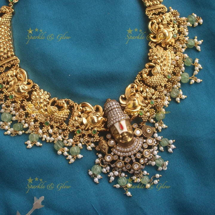 Grand Balaji and peacock carved dual tone Victorian AD short necklace with mint green beads - Sparkle and Glow