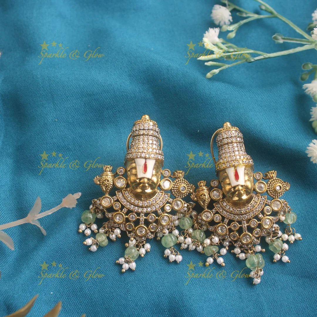 Grand Balaji and peacock carved dual tone Victorian AD short necklace with mint green beads - Sparkle and Glow