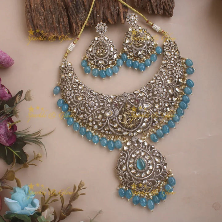 Beautiful Lakshmi Peacock design victorian AD short necklace with blue beads - Sparkle and Glow