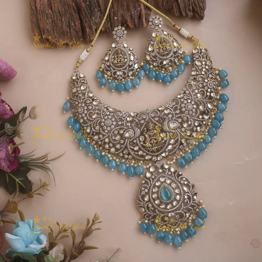 Beautiful Lakshmi Peacock design victorian AD short necklace with blue beads - Sparkle and Glow