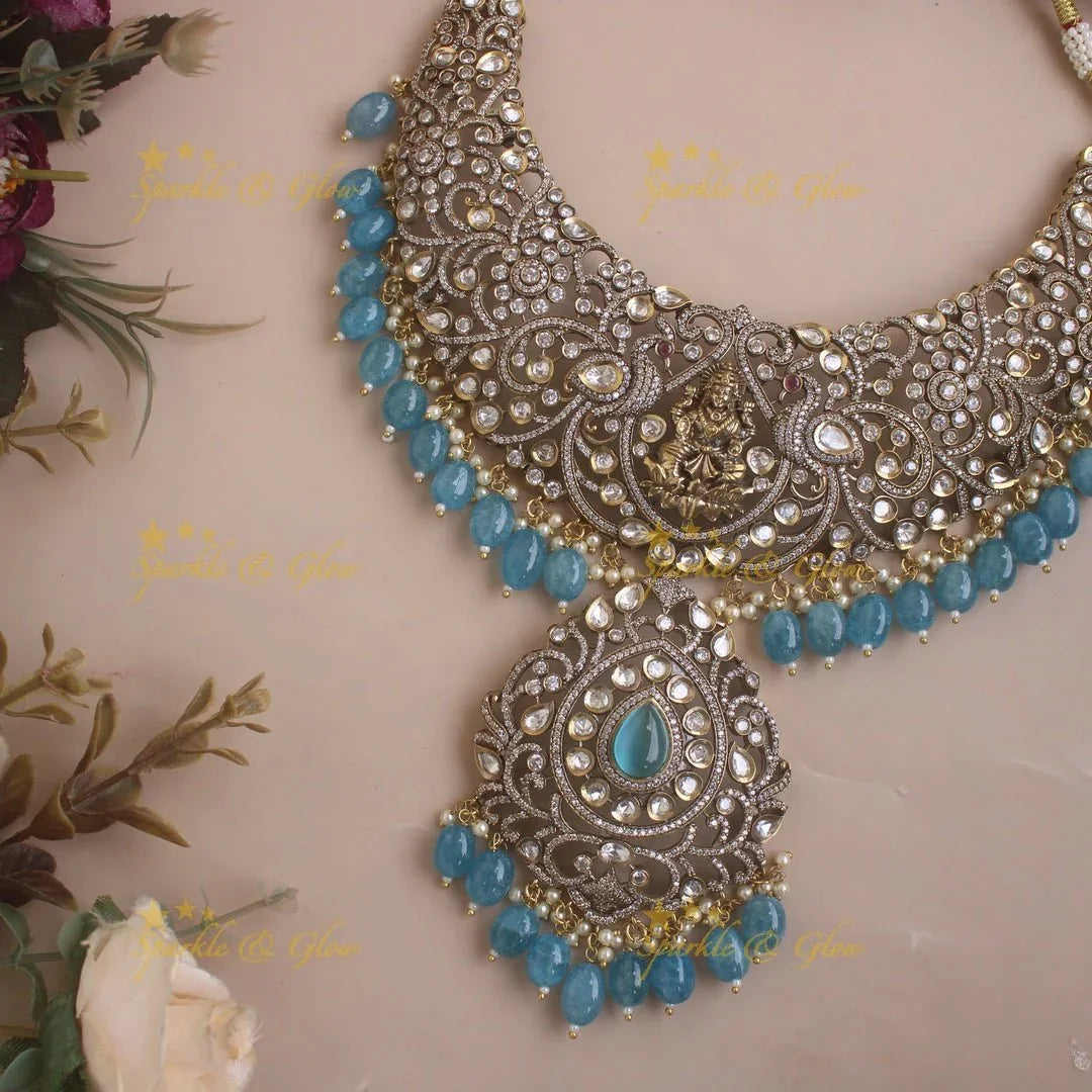 Beautiful Lakshmi Peacock design victorian AD short necklace with blue beads - Sparkle and Glow