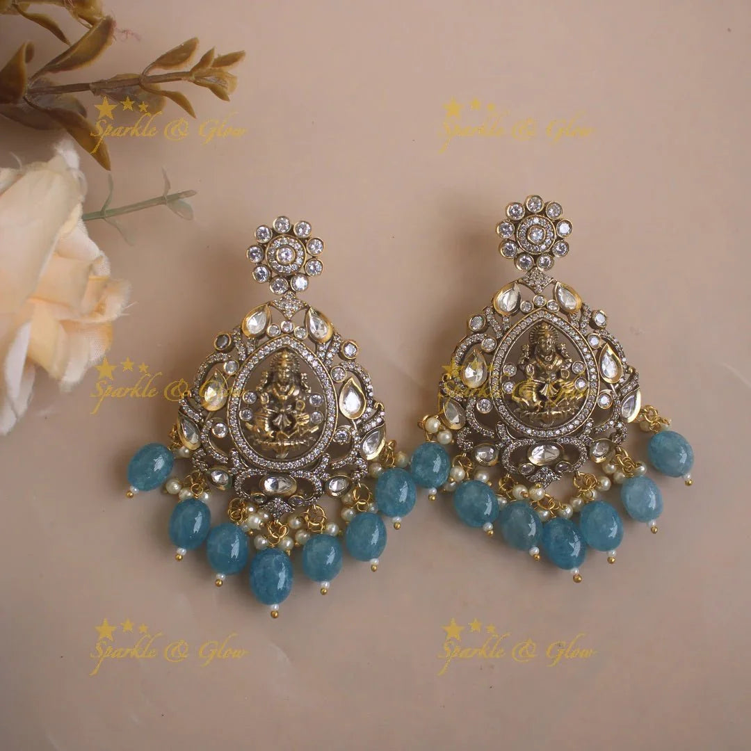 Beautiful Lakshmi Peacock design victorian AD short necklace with blue beads - Sparkle and Glow