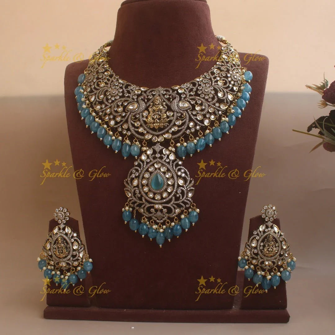 Beautiful Lakshmi Peacock design victorian AD short necklace with blue beads - Sparkle and Glow