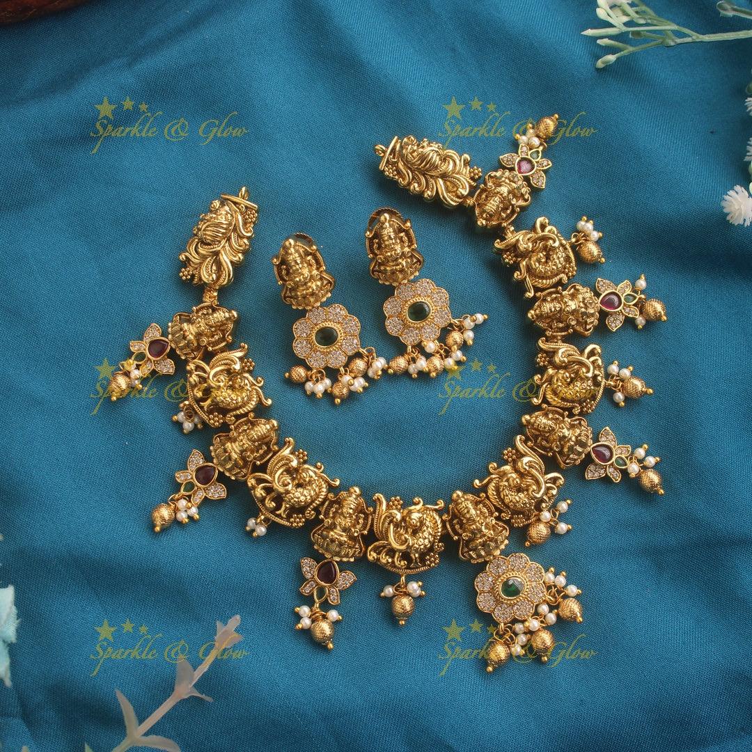 Beautiful Lakshmi peacock carved lotus design short necklace with beads - Sparkle and Glow