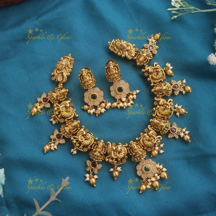 Beautiful Lakshmi peacock carved lotus design short necklace with beads - Sparkle and Glow