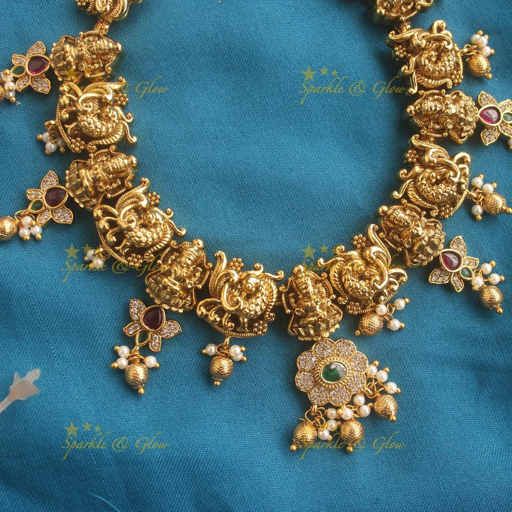 Beautiful Lakshmi peacock carved lotus design short necklace with beads - Sparkle and Glow