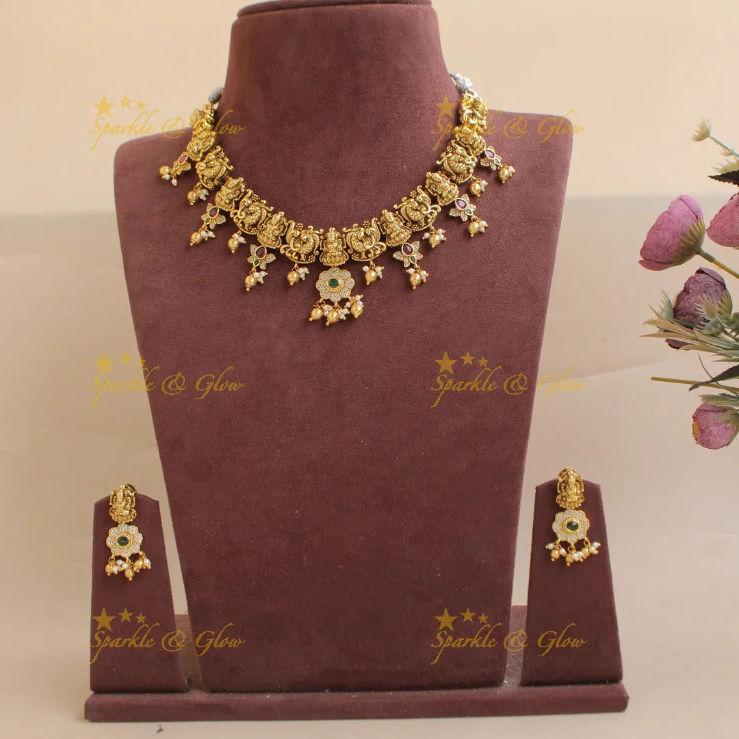 Beautiful Lakshmi peacock carved lotus design short necklace with beads - Sparkle and Glow