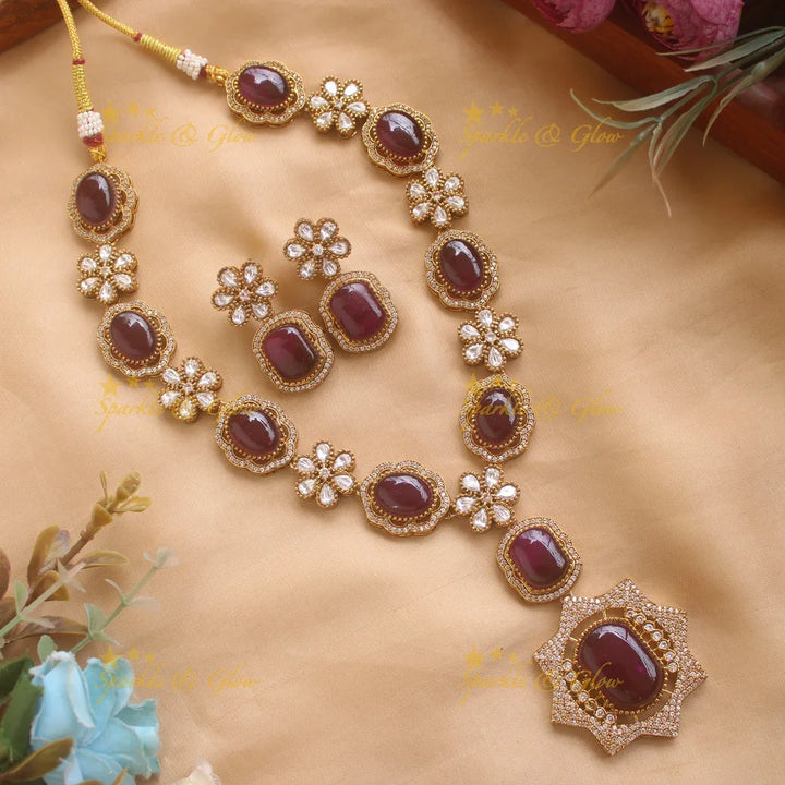 Exclusive Floral and stone Victorian AD long necklace - green - Sparkle and Glow