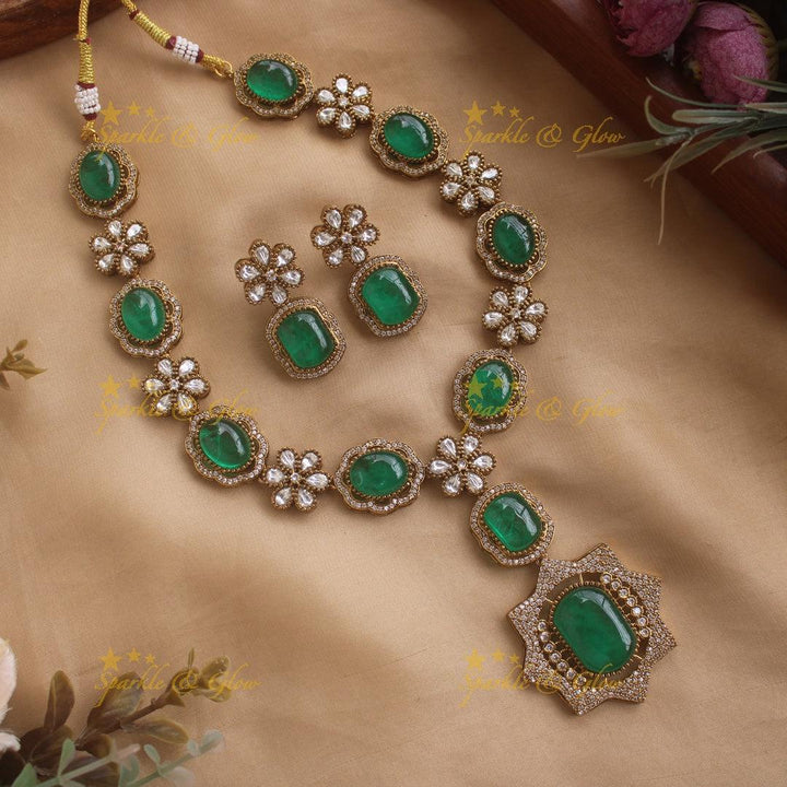 Exclusive Floral and stone Victorian AD long necklace - green - Sparkle and Glow