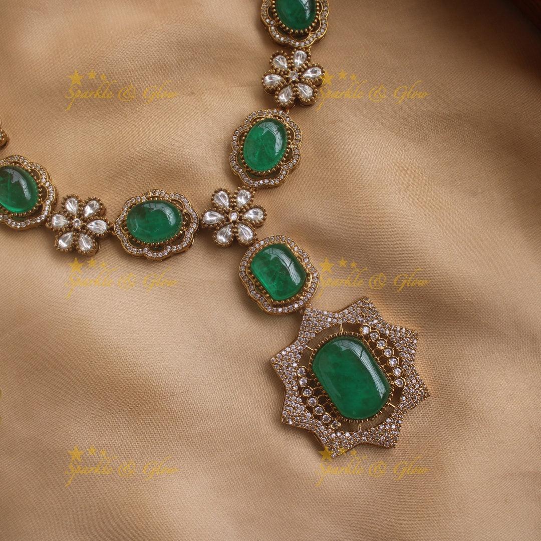 Exclusive Floral and stone Victorian AD long necklace - green - Sparkle and Glow