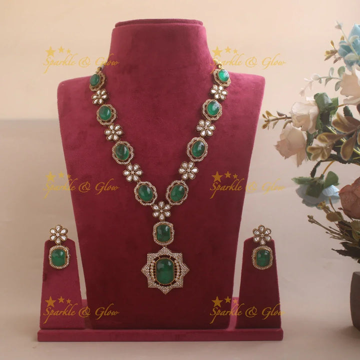 Exclusive Floral and stone Victorian AD long necklace - green - Sparkle and Glow