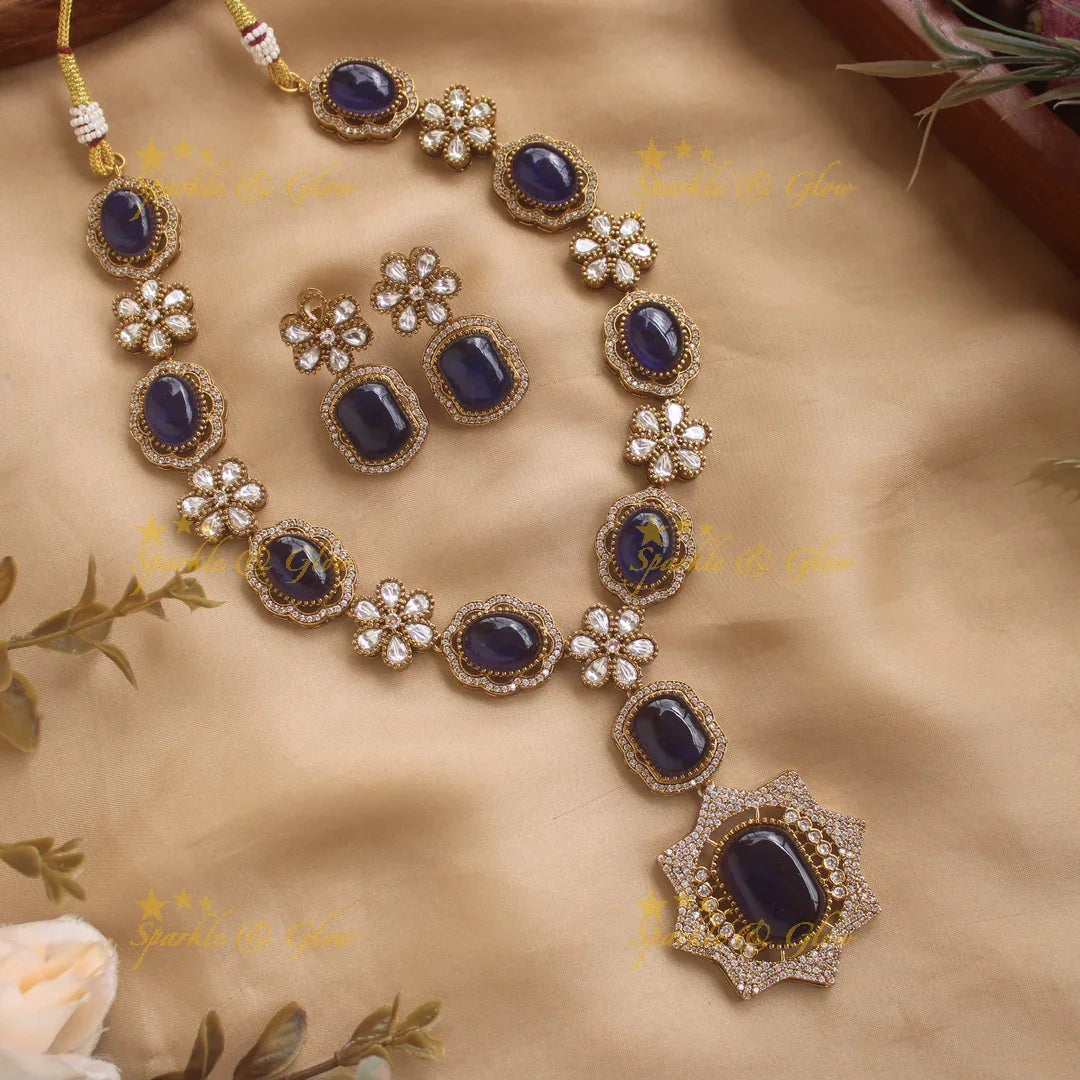 Exclusive Floral and stone Victorian AD long necklace - green - Sparkle and Glow