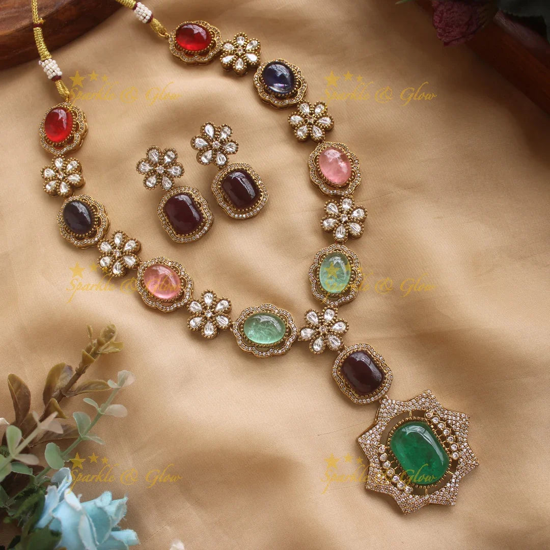 Exclusive Floral and stone Victorian AD long necklace - green - Sparkle and Glow