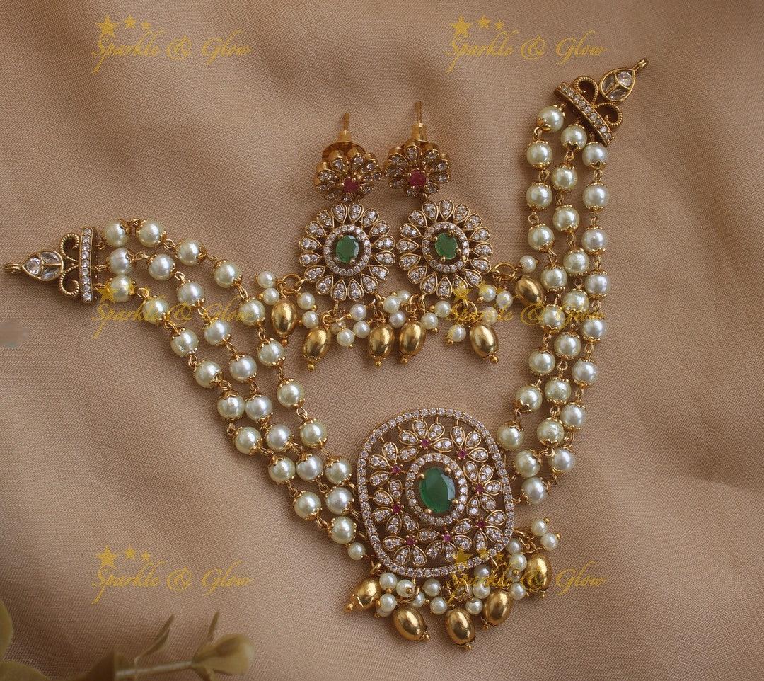 Statement Floral Pearl Choker with Gold bead drops - Sparkle and Glow