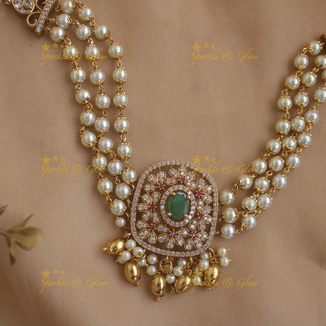 Statement Floral Pearl Choker with Gold bead drops - Sparkle and Glow