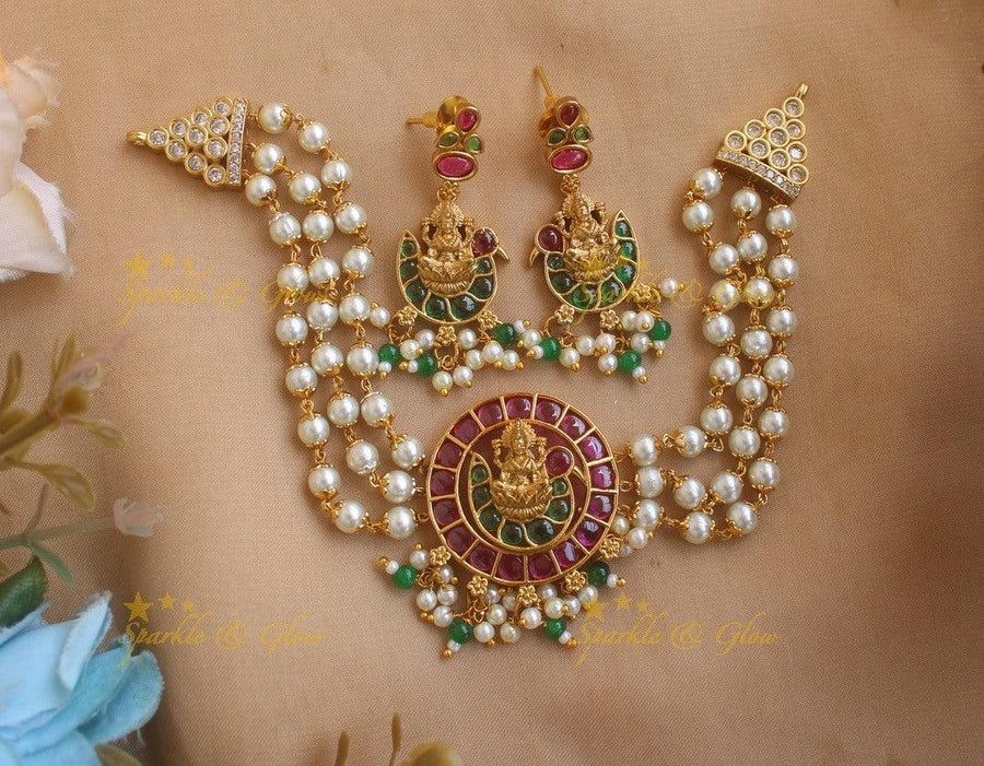 Idol Lakshmi Peacock Kemp Layered Pearl Choker - Sparkle and Glow