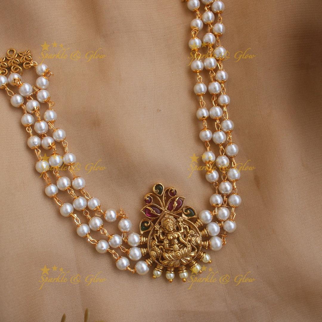 Idol Lakshmi Leaf design Pendant Pearl choker - Sparkle and Glow