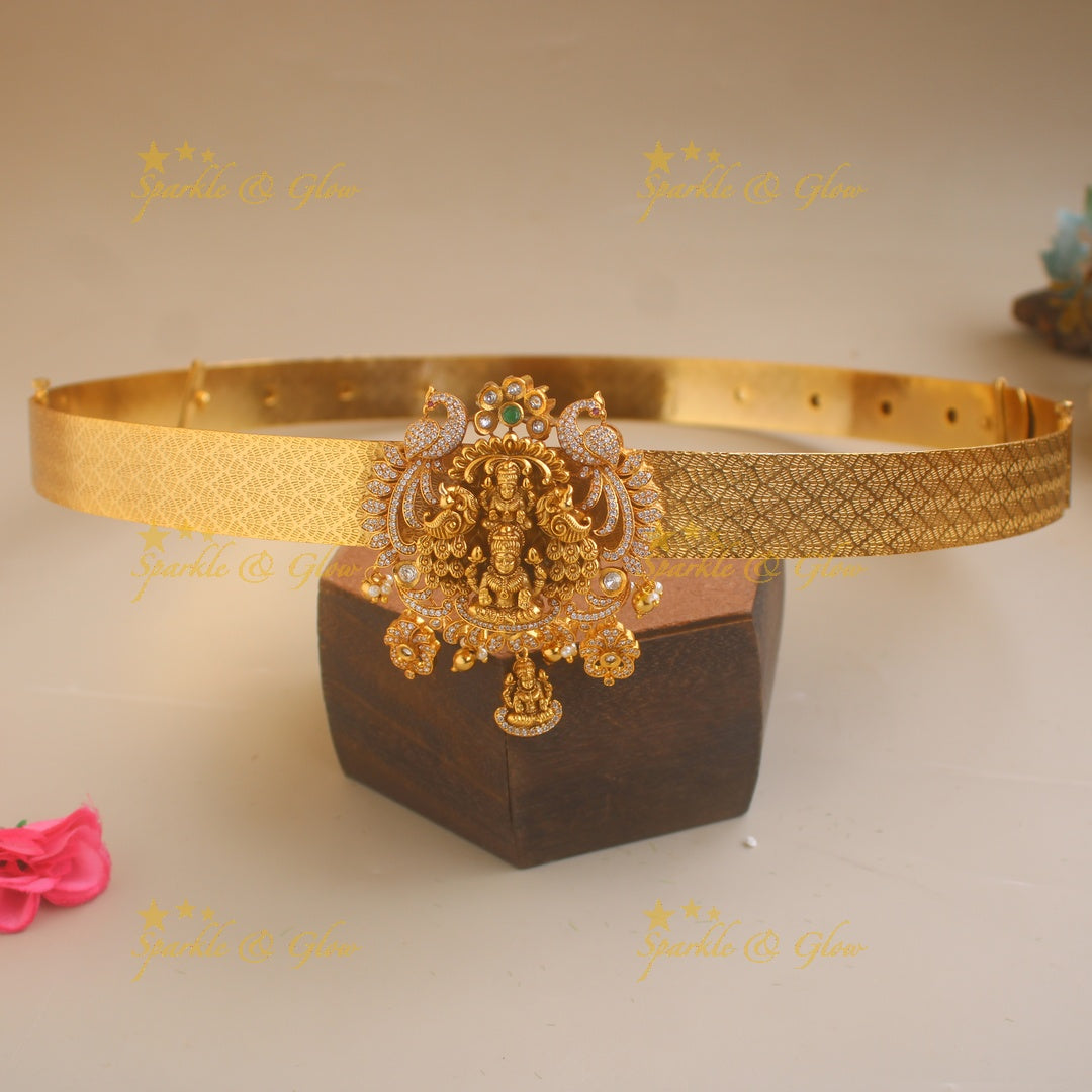 Gold alike Lakshmi peacock carved pendant type hipbelt with CZ stones pearls and gold beads