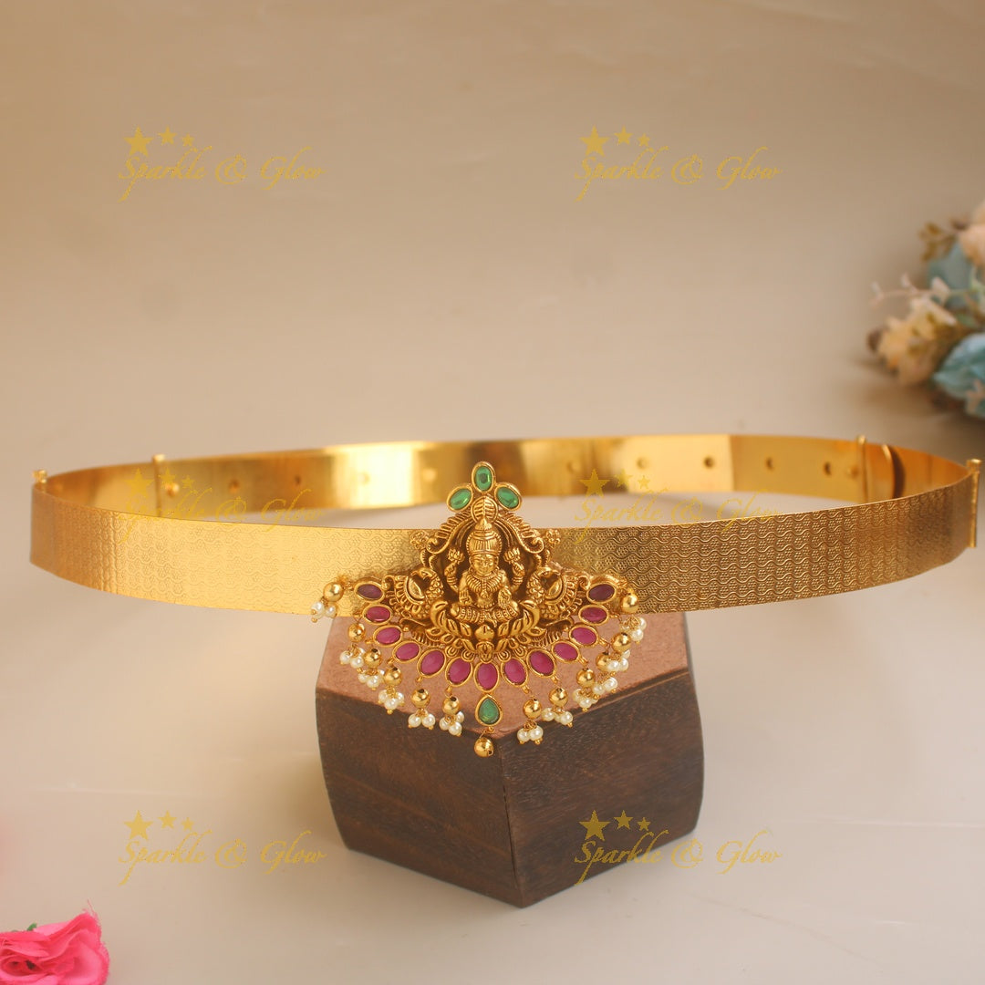 Elegant Lakshmi peacock carved pendant type hipbelt with ruby emerald gold beads and pearl drops
