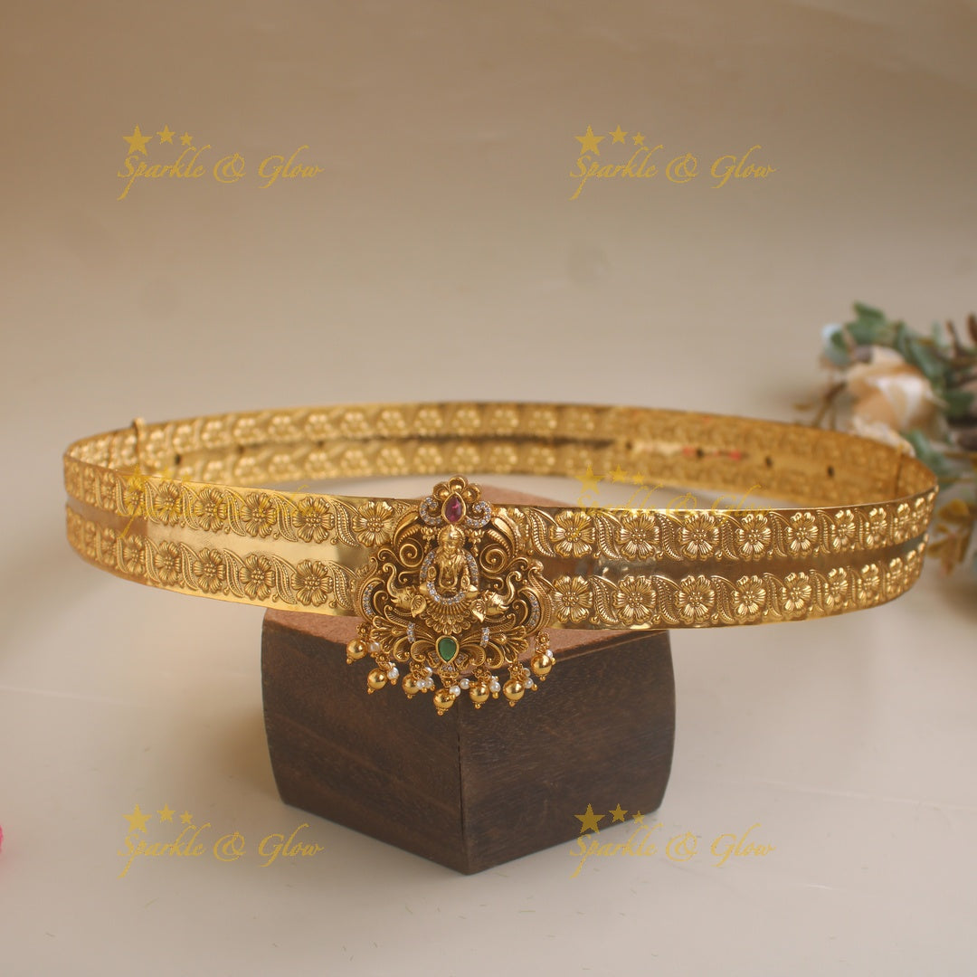 Beautiful Lakshmi elephant carved pendant type floral hipbelt with CZ stones and gold beads