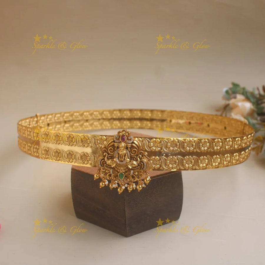 Beautiful Lakshmi elephant carved pendant type floral hipbelt with CZ stones and gold beads - Sparkle and Glow