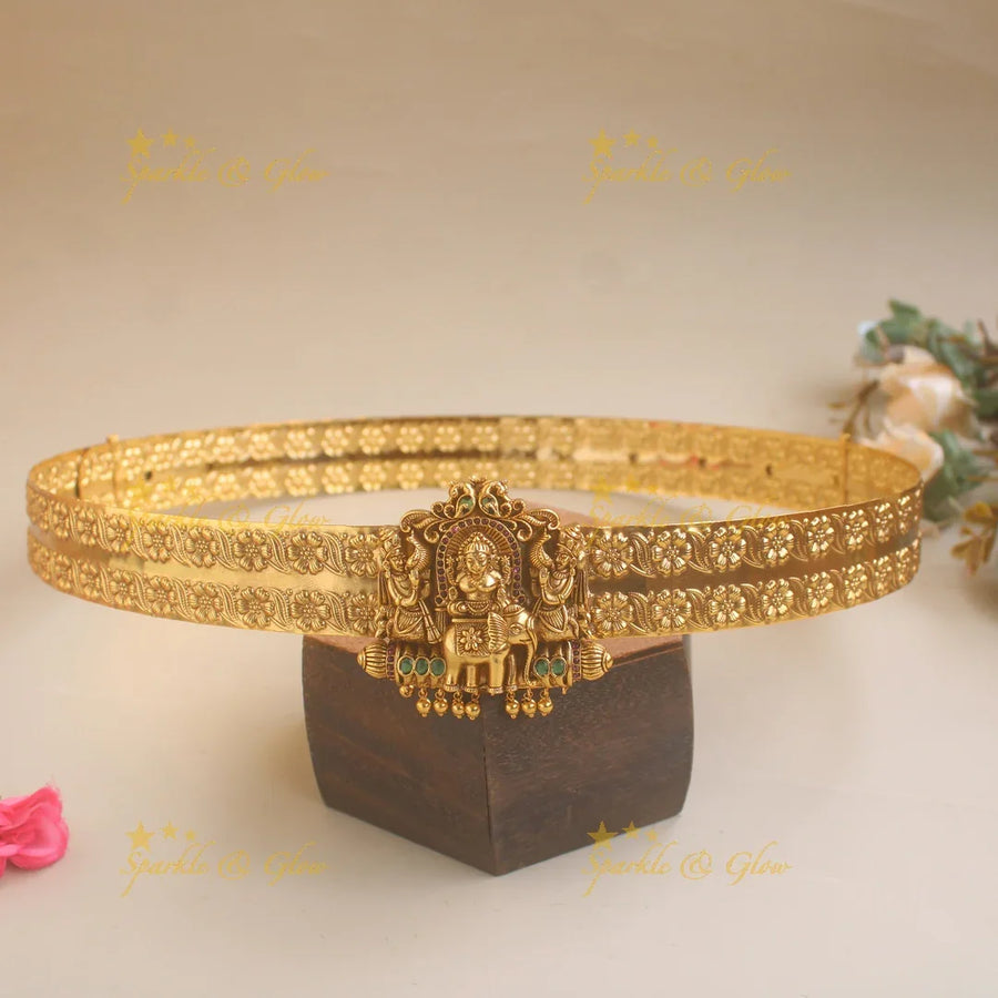 Lakshmi stting on elephant pendant type floral hipbelt with ruby emerald and gold beads - Sparkle and Glow