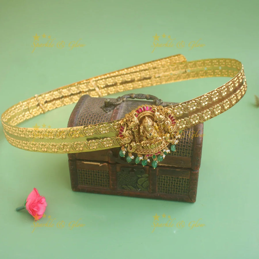 Elegant Lakshmi peacock elephant carved jadau pendant type floral hipbelt with green beads - Sparkle and Glow