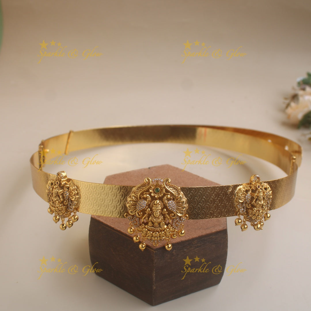 Gorgeous Lakshmi peacock carved pendant type hipbelt with gold beads