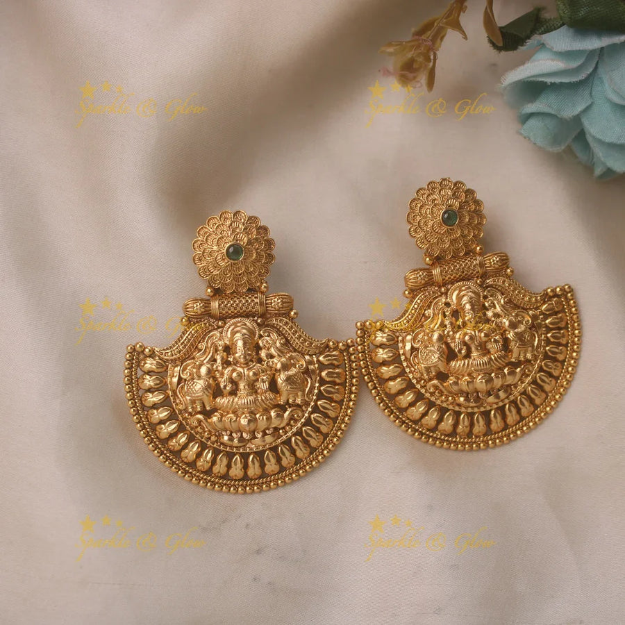 Idol Lakshmi Elephant carved Chandbali earrings - Sparkle and Glow
