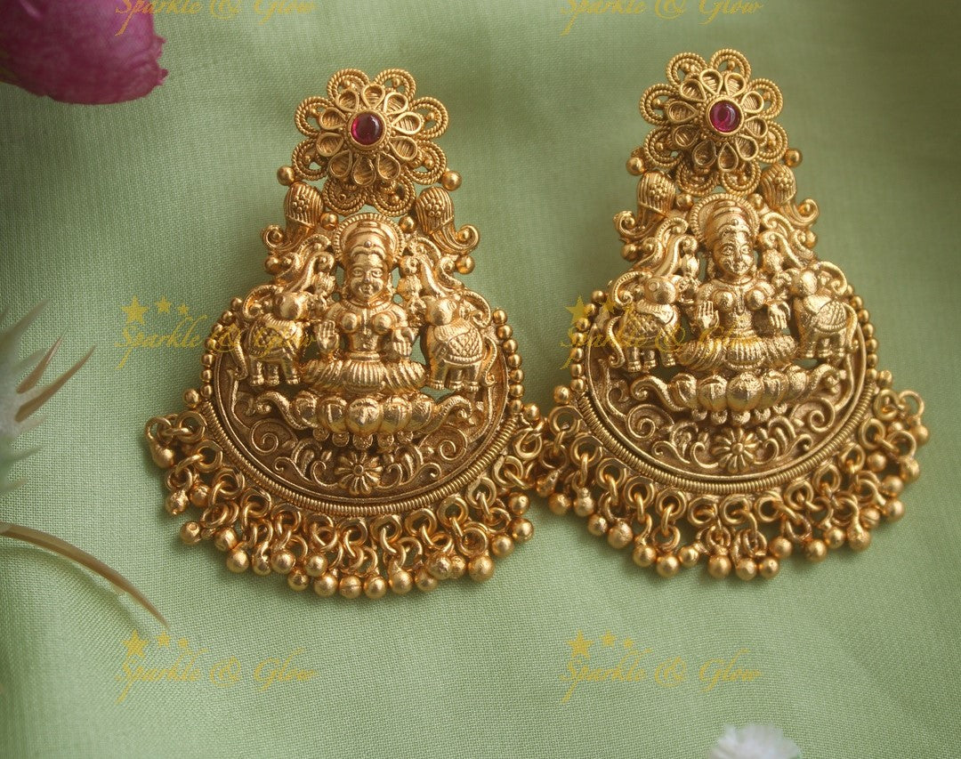 Idol Lakshmi Elephant carved floral studded Chandbali earrings