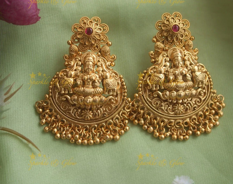 Idol Lakshmi Elephant carved floral studded Chandbali earrings - Sparkle and Glow