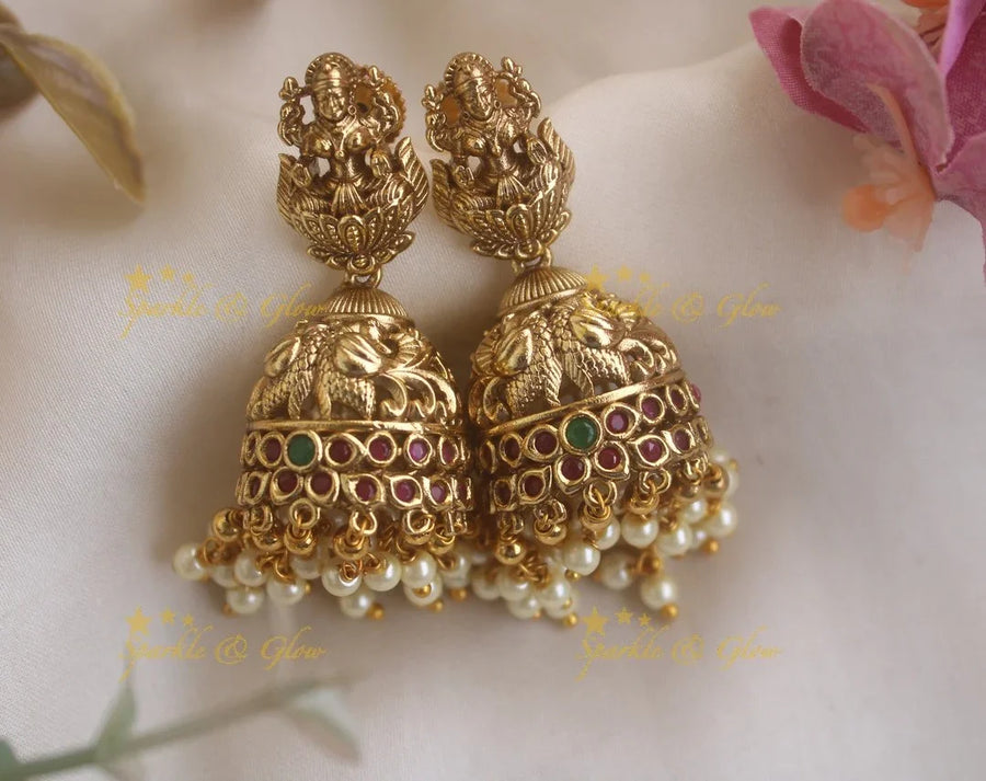 Beautiful Lakshmi Floral Studded Kemp jhumuka - Sparkle and Glow