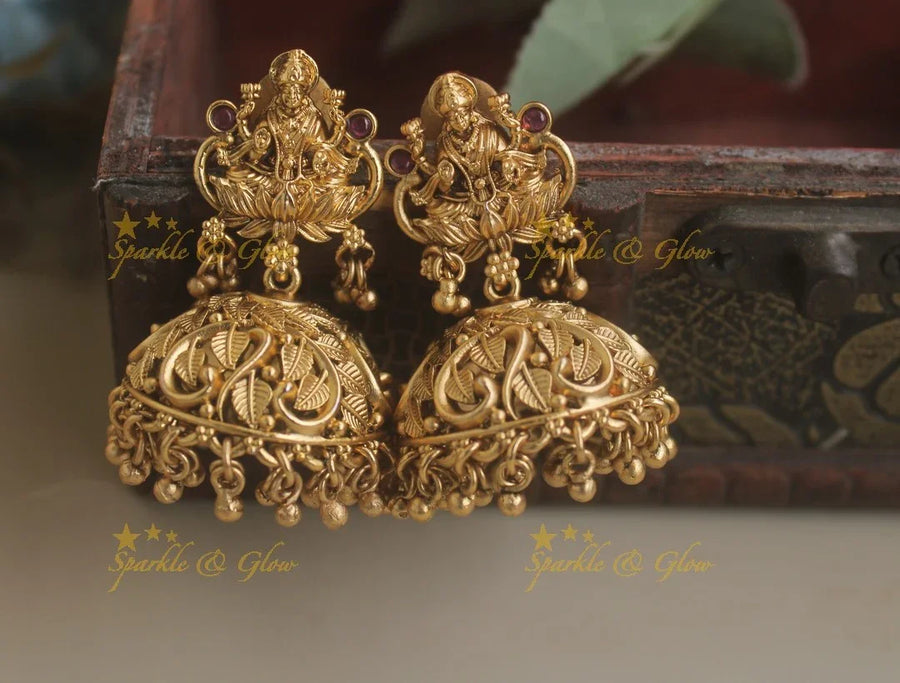 Goddess Mahalakshmi Studded Leaf design jhumuka - Sparkle and Glow