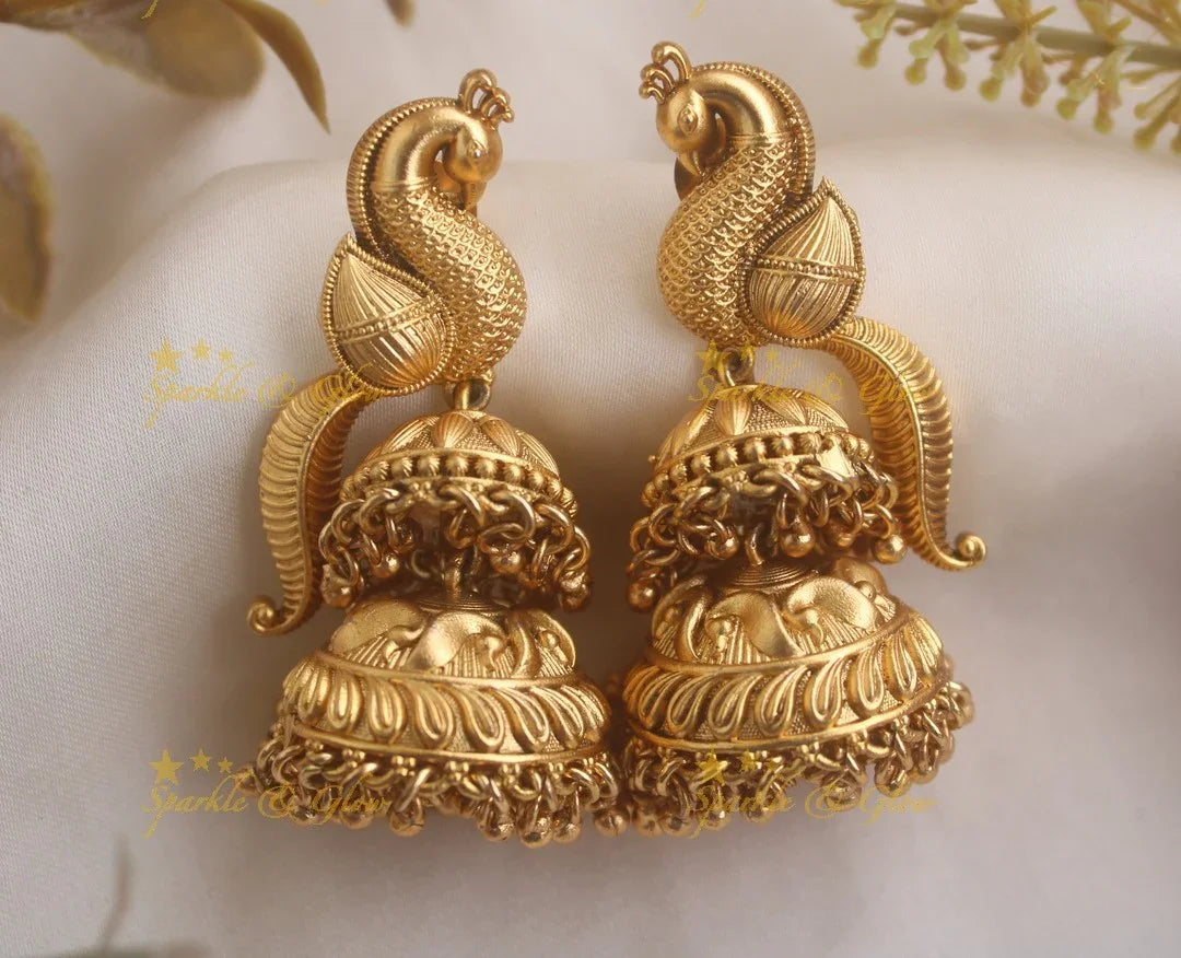 Beautiful Dancing Peacock Jhumuka hanging earrings - Sparkle and Glow