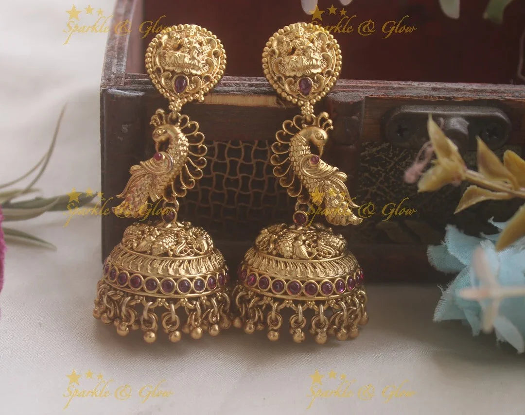 Idol Lakshmi studded dancing peacock kemp jhumuka - Sparkle and Glow