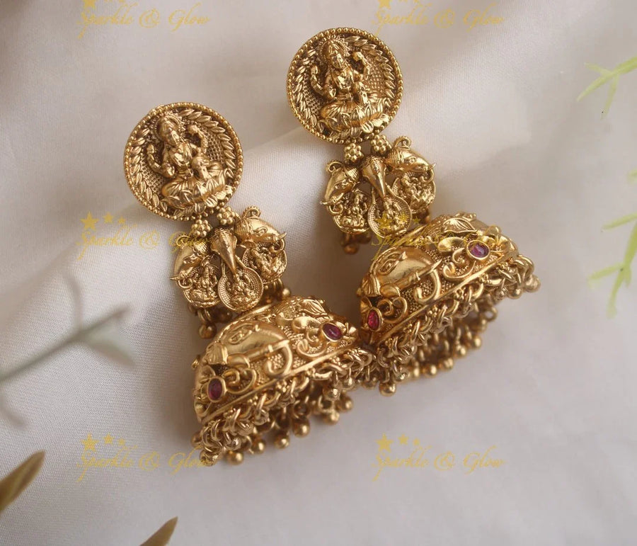 Intricately carved lakshmi elephant jhumuka - Sparkle and Glow