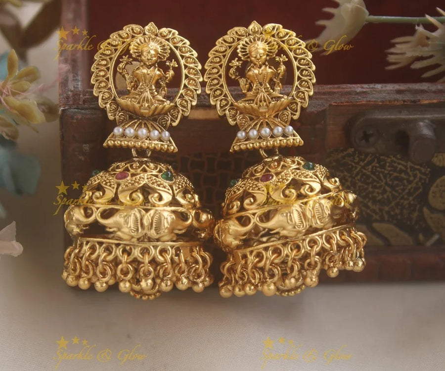 Stunning Lakshmi Mango studded Elephant Kemp jhumuka - Sparkle and Glow