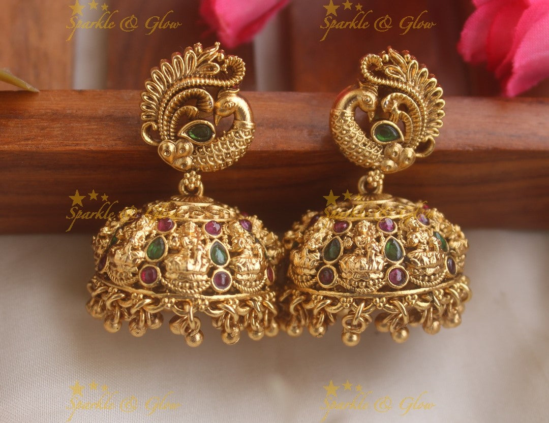 Idol Lakshmi Peacock Carved Kemp Jhumuka with gold beads