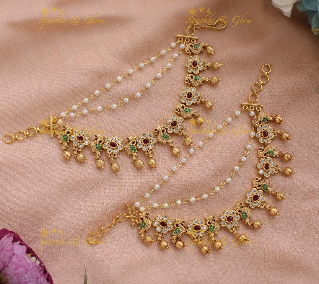 Exclusive Floral Peacock Earchain with Gold beads - Sparkle and Glow