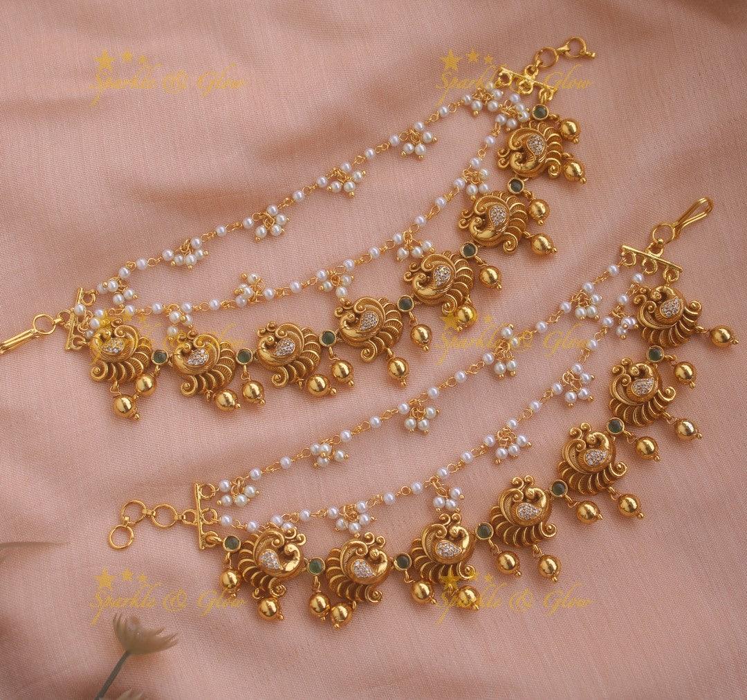 Beautiful Peacock Earchain with Gold beads - Sparkle and Glow