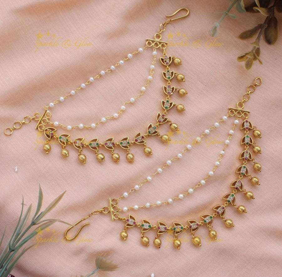 Beautiful Kemp Earchain with Gold beads - Sparkle and Glow