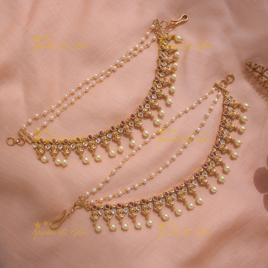Gold Alike Kemp Peacock Earchain With Pearl droppings