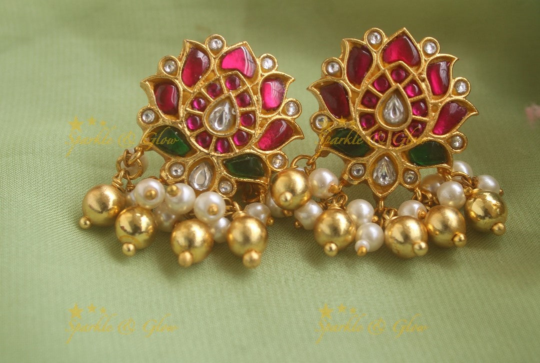 Stunning Lotus Floral Jadau Earrings With Gold Beads