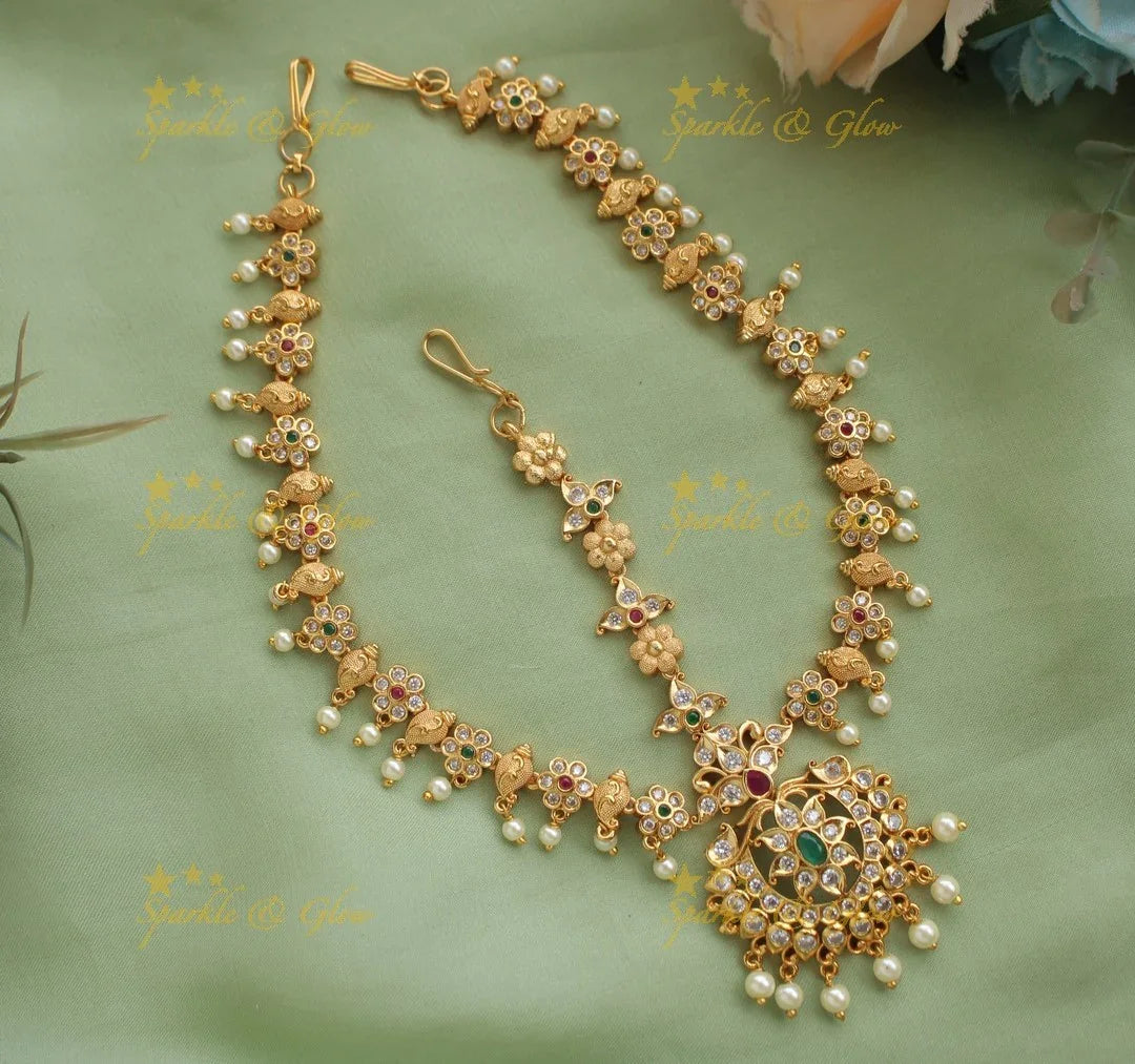 Elegant Floral Pendant Bridal Tikka with Pearl beads - Sparkle and Glow